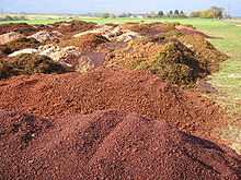 Photographie montrant untas de marc de raisin en attente d'être distillé ; il peut aussi être composté et être utilisé pour faire un apport de matière organique.