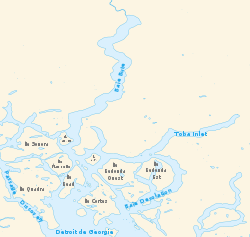 Carte de la baie Toba (Toba Inlet) sur la côte sud-ouest de la Colombie-Britannique au Canada.